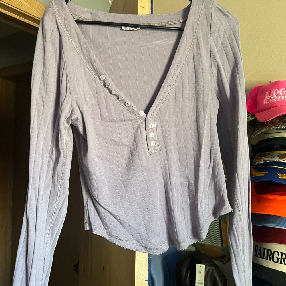 Free People Lavender Long Sleeve Top with Button Detail
